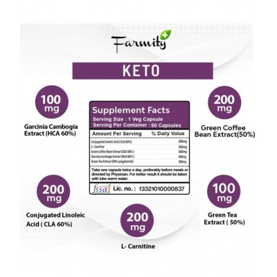 Farmity Keto Advanced Weight Loss Supplement With CLA 800Mg - 60 Capsules | Supports Metabolic Rate, Ketosis