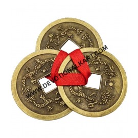 Feng Shui Three Lucky Chinese Coins Tied With Red Ribbon Feng Shui Three Lucky Chinese Coins Tied With Red Ribbon
