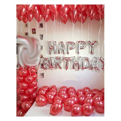 Funkart Birthday Decoration: Happy Birthday Letter Foil Balloon 13 Letter Set ( Silver ) + Pack of 30Pcs Red Matellic Balloons