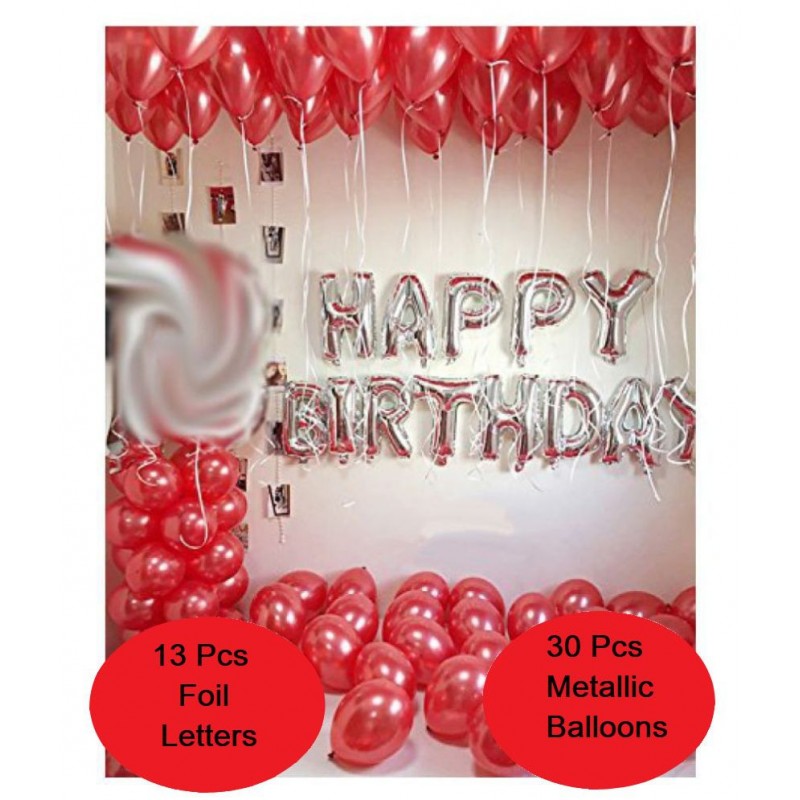 Funkart Birthday Decoration: Happy Birthday Letter Foil Balloon 13 Letter Set ( Silver ) + Pack of 30Pcs Red Matellic Balloons
