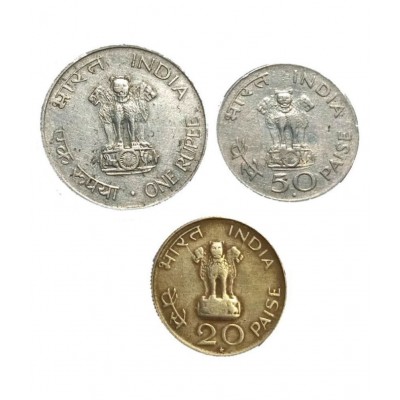 GANDHIJI 3 COINS SET ONE RUPEE 50 PAISE AND 20 PAISE
