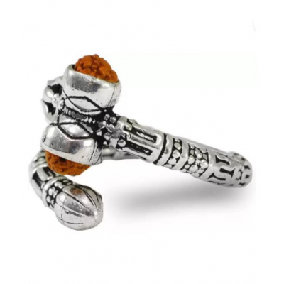 GAWAR Brass silver plated mahakal ring/Silver Plated Handcrafted Shiv/Mahadev/Mahakal Trishul Rudra ksha Beads Damroo Finger Ring man & boys