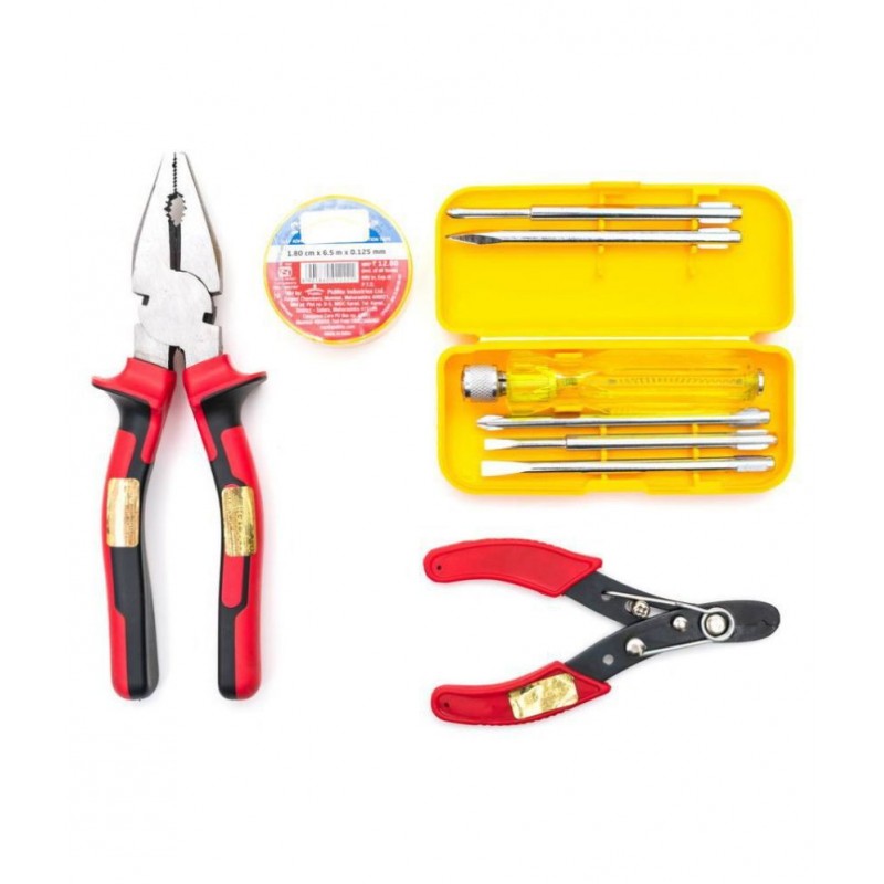 GLOBUS 1252 Steel Hand Tool Set/4 PCS (Screwdriver Set/6 PC, 8" Combination PLIER, Wire Stripper 5" and Electric PVC Tape)