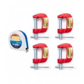 GLOBUS 1308 Mini C or G Clamp 1 inch Set4 pcs With measuring tape 3 mtr/ 12 feet/ 72 inches (Pack of 5, Red and Silver)
