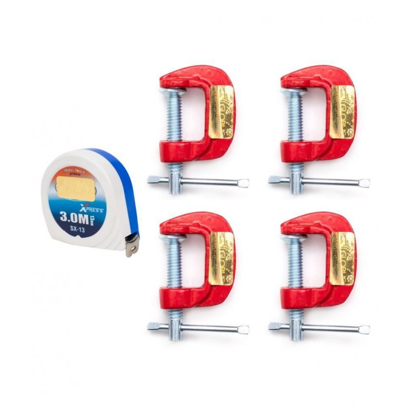 GLOBUS 1308 Mini C or G Clamp 1 inch Set4 pcs With measuring tape 3 mtr/ 12 feet/ 72 inches (Pack of 5, Red and Silver)
