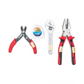 GLOBUS 1404 STEEL HAND TOOL SET/4 PCS ( COMBINATION PLIER 8" ( 200 MM ) AND WIRE STRIPPER 5 INCH ( 125 MM ), ADJUSTABLE WRENCH CHROME 6" ( 150 MM), AND MEASURING TAPE 3 MTR/ 10 FEET AND 120 INCHES.