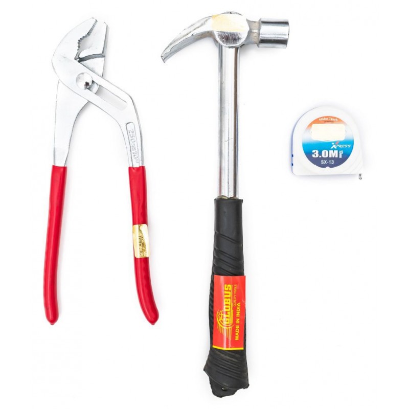 GLOBUS 1408 STEEL HAND TOOL SET/3 PCS ( HAMMER 1/2 LBS, WATER PUMP PLIER AND MEASURING TAPE 3 MTR/ 12 FEET AND 72 INCH.