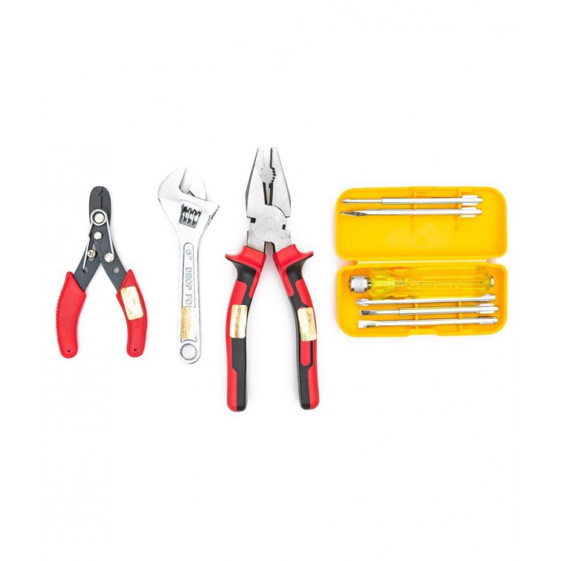 GLOBUS 1409 STEEL HAND TOOL SET/4 PCS ( 8" COMBINATION PLIER, WIRE STRIPPER 5", ADJUSTABLE WRENCH 6" CHROME AND SCREW DRIVER SET/6 PCS)