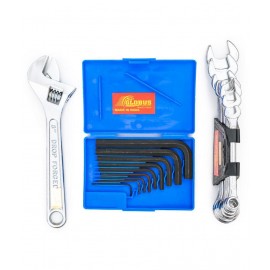 GLOBUS 1412 STEEL HAND TOOL SET/3 PCS ( COMBINATION SPANNER RECESSED SET/8 PCS IN CHROME MATT FINISH, ALLEN KEY SET/9 PCS AND ADJUSTABLE WRENCH 8")