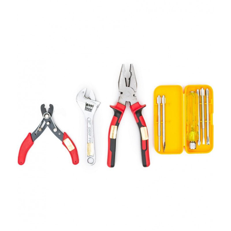 GLOBUS 1427 STEEL HAND TOOL SET/4 PCS ( WIRE STRIPPER 6"( 150 MM) , SCREWDRIVER SET/6 PCS,  COMBINATION PLIER 8"( 200 MM ) AND ADJUSTABLE WRENCH 6" ( 150 MM ) CHROME FINISH)