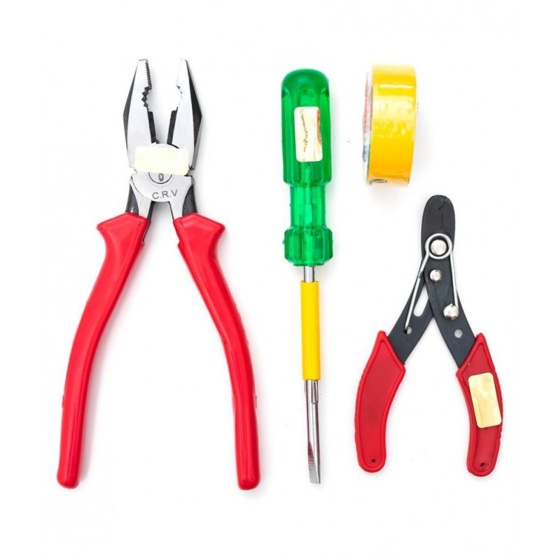 GLOBUS 1435 STEEL HAND TOOL SET/4 PCS ( 8" COMBINATION PLIER,8", WIRE STRIPPER 5",SCREWDRIVER TWO IN ONE AND ELECTRIC PVC TAPE)