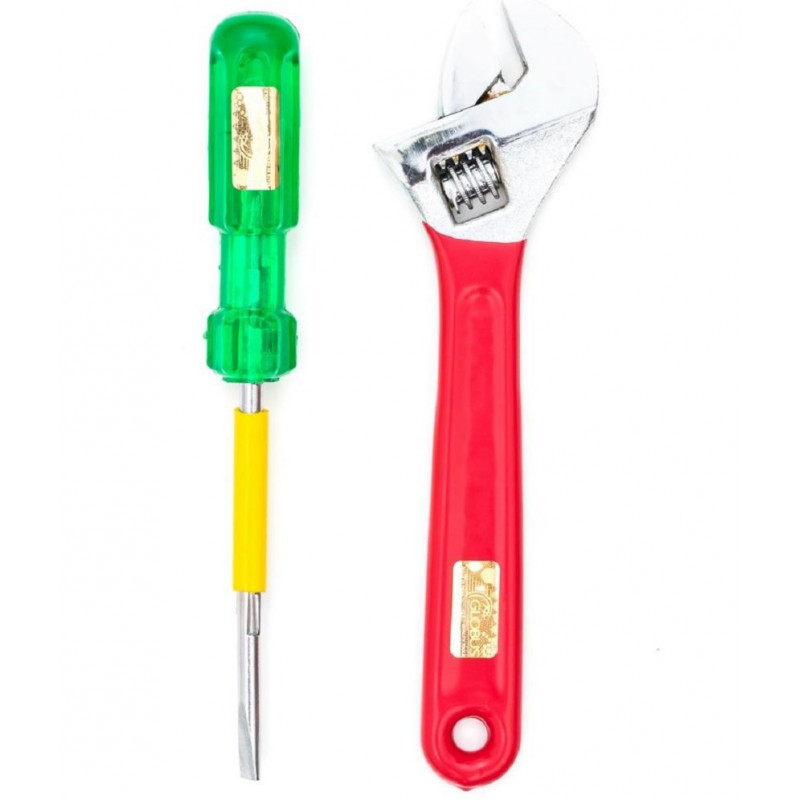 GLOBUS 1466 STEEL HAND TOOL SET/2 PCS ( 10" ADJUSTABLE WRENCH CHROME AND SCREW DRIVER 2 IN 1)