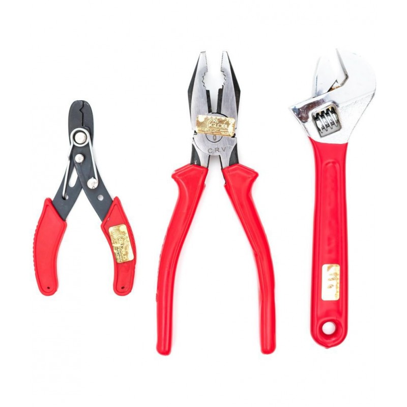 GLOBUS 1480 Hand Tools Kit (Pack of 3, 8" Wrench Chrome with dip, 8" Plier, Wire Stripper 5")