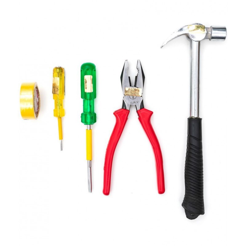 GLOBUS 1505 HAND TOOLS SET/5 PCS ( 1/2 LBS HAMMER, PLIER 8" ( 200 MM), SCREW DRIVER 2IN1 ( TOTAL LENGTH- 7.5 INCH ) LINEMAN TESTER AND ELECTRIC PVC INSULATION TAPE)