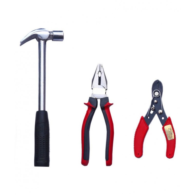 GLOBUS 803 Home Hand Tool KIT Pack of 3 PCS (8" PLIER, 1/2 LBS Hammer, 6" Wire Stripper) with Tool KIT Bag