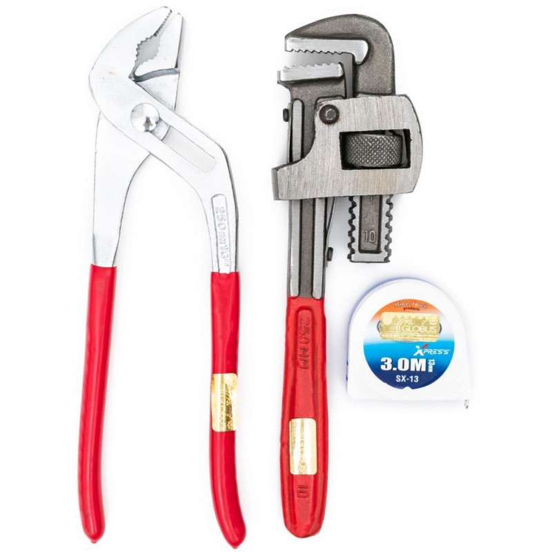 GLOBUS 967 WATER PUMP PLIER 10" (250 MM ), STILSON PIPE WRENCH 10" ( 250 MM )AND MEASURING TAPE 3 MTR/ 10 FEET /120 INCHES.