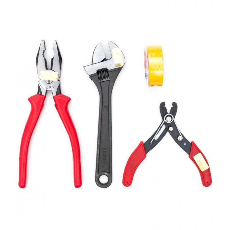 GLOBUS COMBIANTION PLIER 8" (200 MM), ADJUSTABLE WRENCH 8" ( 200 MM ), BLACK, WIRE STRIPPER 5" AND PVC INSUALTION TAPE.