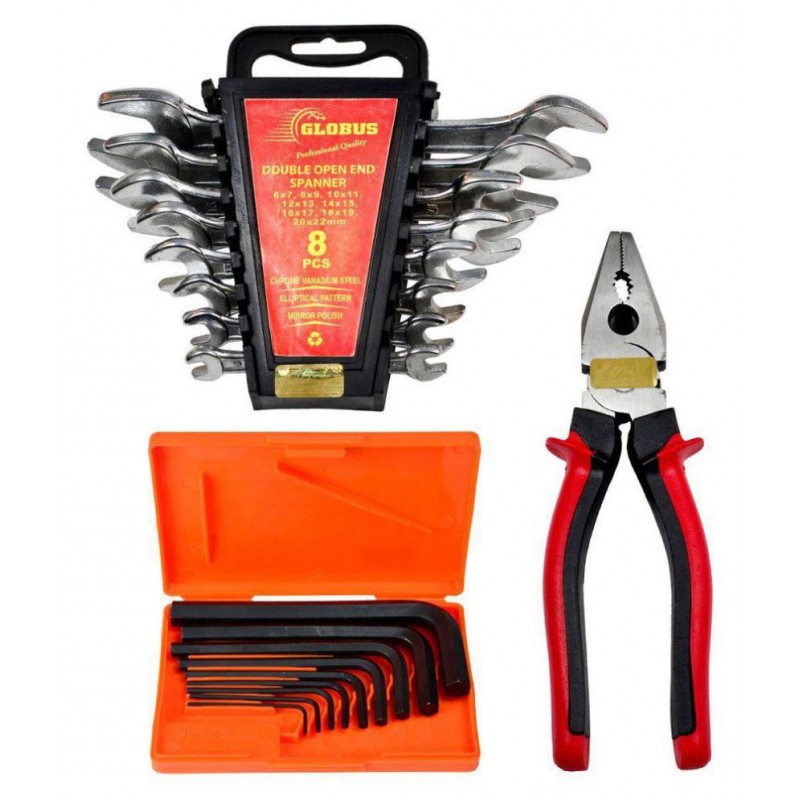 GLOBUS HAND TOOL SET/3 PCS ( DOUBLE OPEN END SPANNER SET/8 PCS IN CHROME MATT FINSIH, ALLEN KEY SET/9 PCS AND 8" COMBINATION PLIER