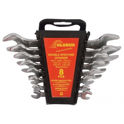 GLOBUS HAND TOOL SET/4 PCS ( 8" PLIER, 1/2 LBS HAMMER, SCREWDRIVER SET/6 PCS, DOUBLE OPEN END SPANNER SET/8 PCS RAKE CHROME MATT FINISH WITH TOOL KIT BAG)