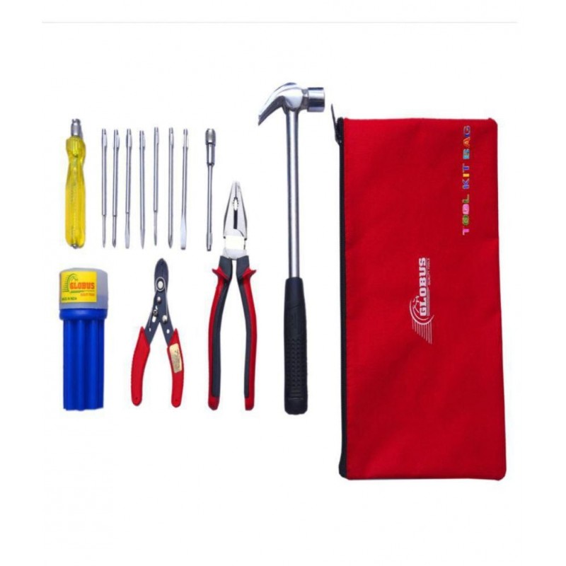 GLOBUS HAND TOOL SET/5 PCS  ( 1/2 LBS HAMMER, COMBINATION PLIER 8" ( 200 MM) WIRE STRIPPER 5", SCREWDRIVER SET/9PCS WITH TOOL KIT BAG.