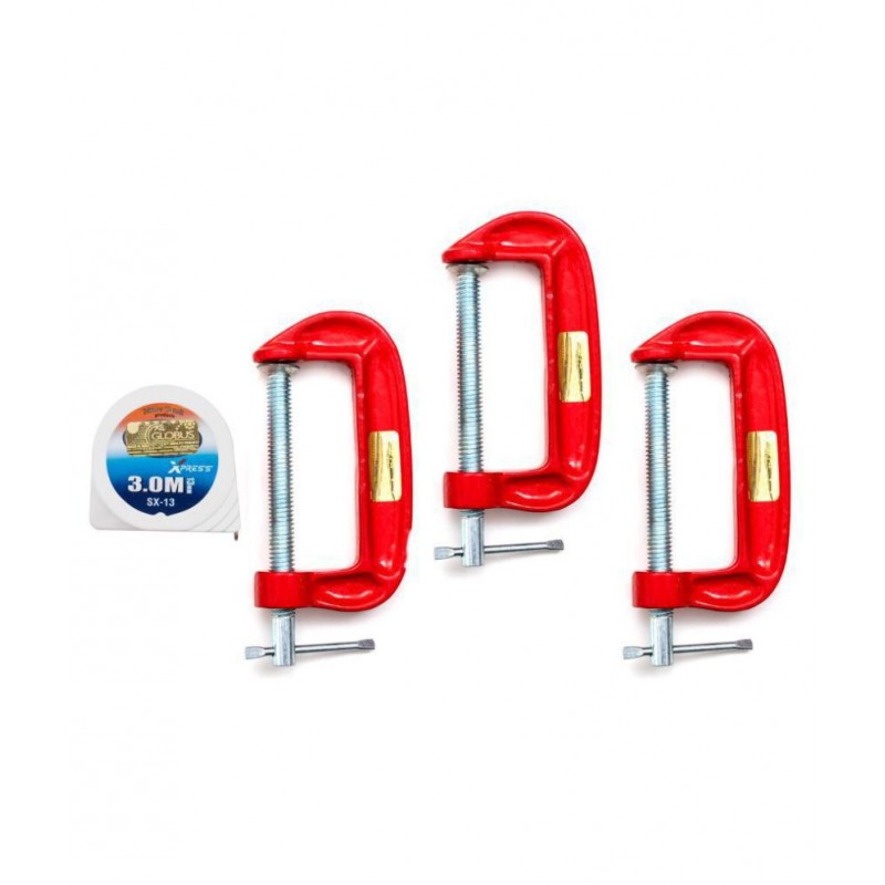 GLOBUS MINI C OR G CLAMP 3"( 75 MM ) SET/3 PCS AND MEASURING TAPE 3 MTR/10 FEET/ 120 INCHES.