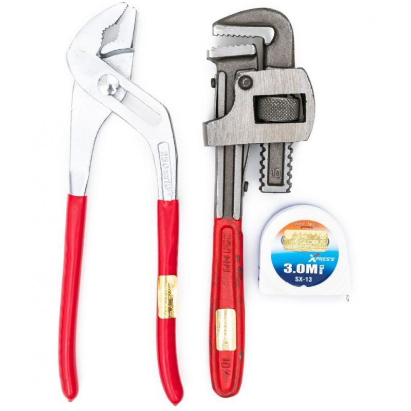 GLOBUS STEEL 1602 WATER PUMP PLIER 10" ( 200 MM) AND STILSON PIPE WRENCH 10" AND MEASURING TAPE 3 MTR/ 10 FEET/ 120 INCHES.