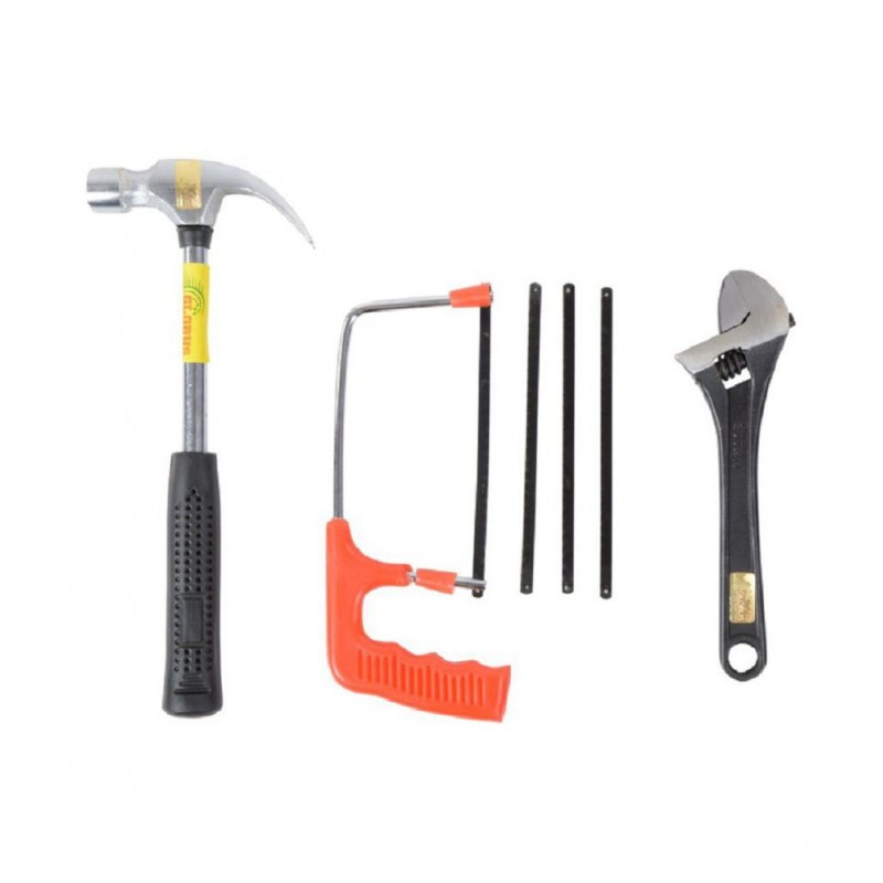GLOBUS STEEL HAND TOOL SET/3 PCS ( 1/2 LBS HAMMER, 6" HACKSAW RED PVC HANDLE +3 BLADES AND 8" ADJUSTABLE WRENCH, BLACK )