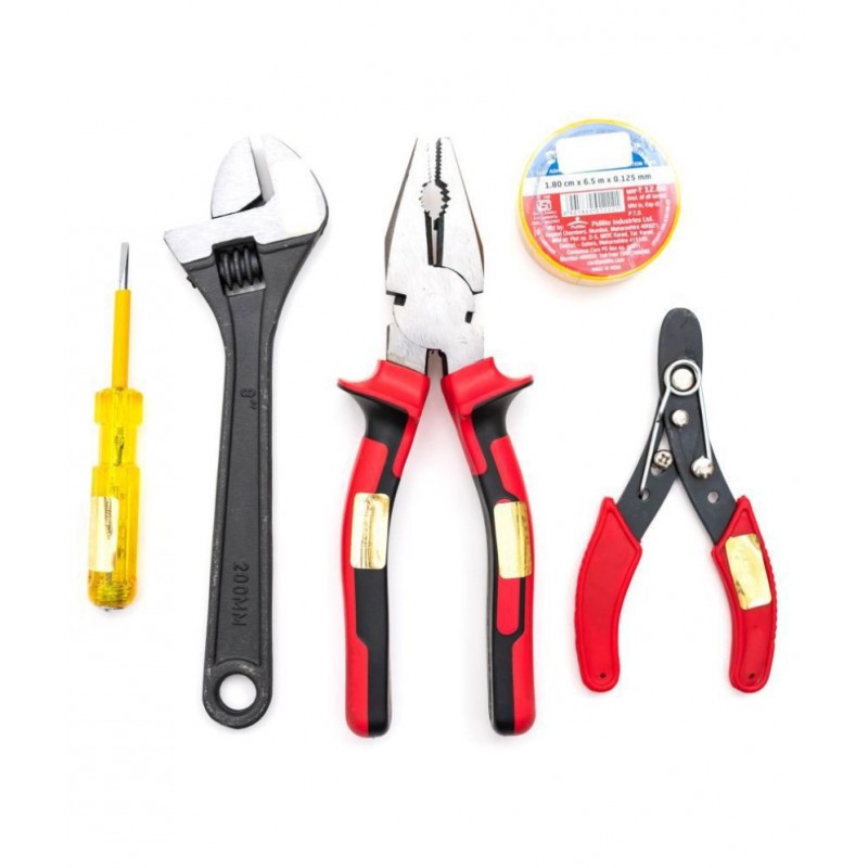 GLOBUS Steel 1261 Hand Tool Set/4 PCS (Plier, Tester, Wire Stripper, 8" Adjustable Wrench, Black with PVC Electric Tape) Pack of 5
