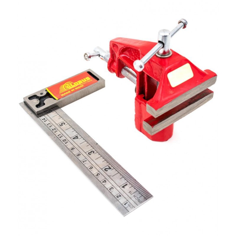 GLOBUS1490 Cast Iron Baby Vice- (70 mm, Red) with MEASURING SCALE TRY SQUARE 6"(150 MM)