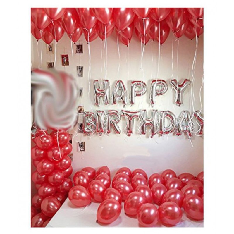 GNGS Happy Birthday Letter Foil Balloon 13 Letter Set (Silver) + Pack of 30 Pcs Red Balloons