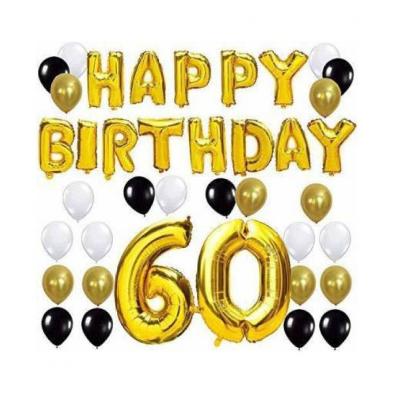 GNGS Happy Birthday Letter Foil Balloon (Gold) + 60 (Nos) Golden Foil Balloon + Pack of 50 Pcs Party Decoration Balloons (Gold, Black & White)
