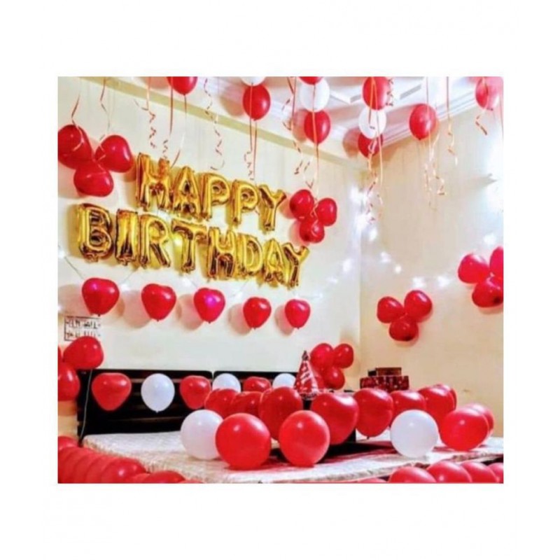 GNGS Happy Birthday Letters Foil Balloons 13 Pc (Gold) + Pack of 50 Party Decoration Balloons(Red, Red Heart & White)