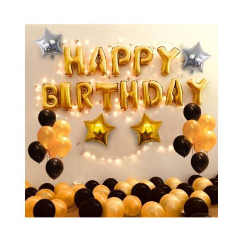 GNGS Happy Birthday Letters Foil Balloons Set of 13 Pc (Gold) + Pack of 50 Party Decoration Balloons (Gold & Black) + 2 Golden Stars + 2 Silver Stars