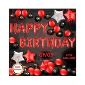 GNGS Happy Birthday Letters Foil Banner (Red) + 2 Red Stars + 2 Silver Stars + Pack of 50 Party Decoration Balloons (Red & Black)