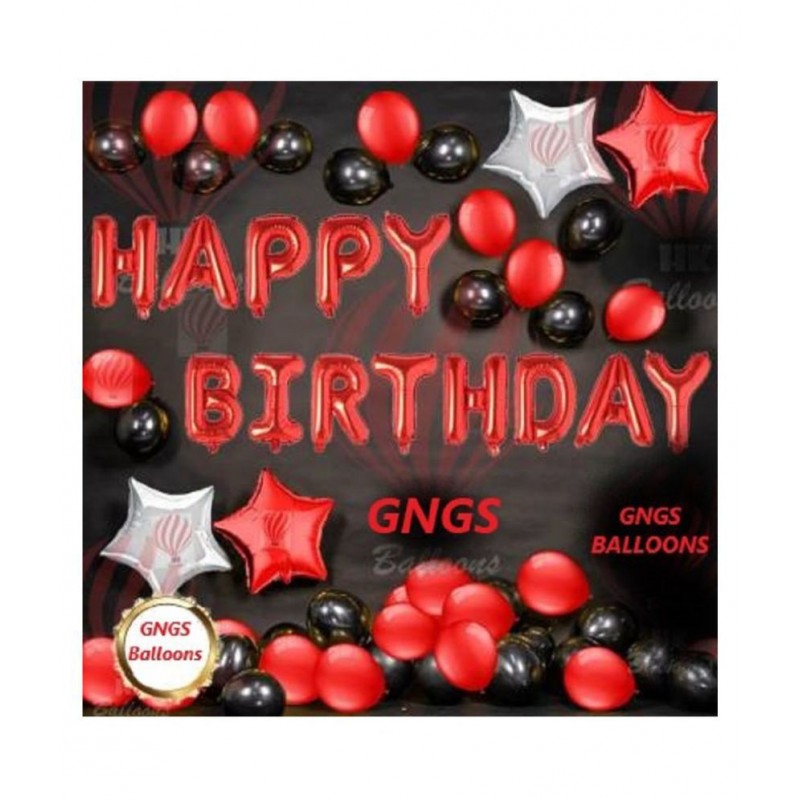 GNGS Happy Birthday Letters Foil Banner (Red) + 2 Red Stars + 2 Silver Stars + Pack of 50 Party Decoration Balloons (Red & Black)