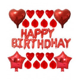 GNGS Happy Birthday Letters Foil Banner (Red) + 2 Red Stars Foil Balloons + 2 Red Heart Foil Balloons + Pack of 50 Red Heart