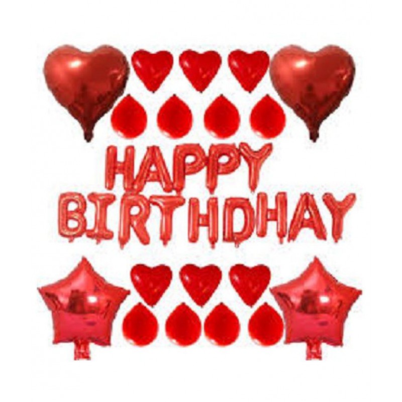 GNGS Happy Birthday Letters Foil Banner (Red) + 2 Red Stars Foil Balloons + 2 Red Heart Foil Balloons + Pack of 50 Red Heart