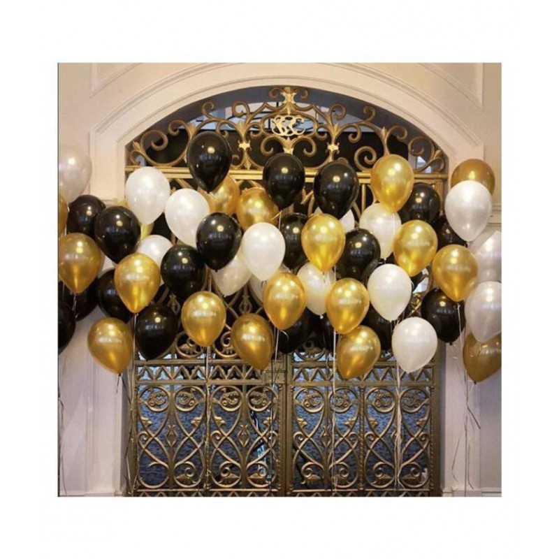 GNGS Pack of 50 Party Balloons for Decoration (Black, Golden and White)