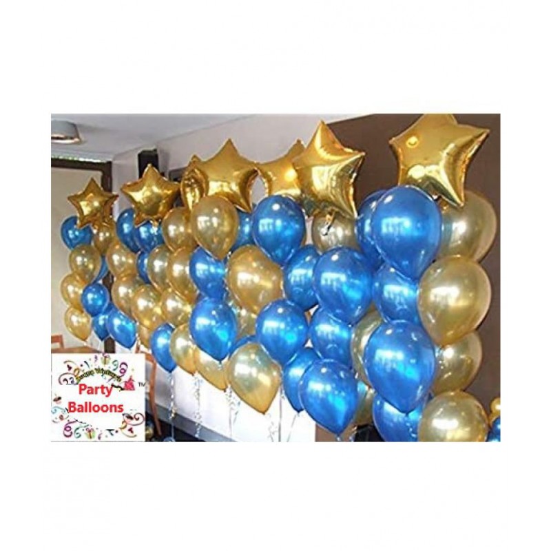 GNGS Pack of 50 Pcs Party Decoration Balloons (Blue & Golden) + 7 Golden Stars