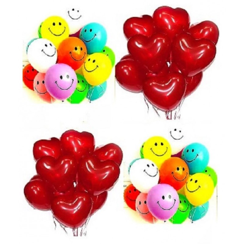 GNGS Red Heart 15 Qty and Coloured Smiley 15 Qty Party Decoration Balloons (Pack of 30 Pcs)