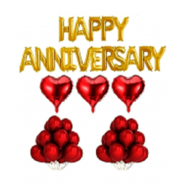 GNGS Solid Happy Anniversary Foil Letters Balloons (Golden) + 3 Red Heart Foil Balloons + 30 Red Colour Balloons