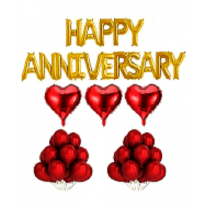 GNGS Solid Happy Anniversary Foil Letters Balloons (Golden) + 3 Red Heart Foil Balloons + 30 Red Colour Balloons