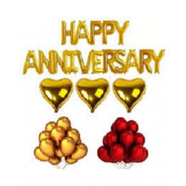 GNGS Solid Happy Anniversary Foil Letters Balloons (Golden) + Pack of 30 Party Decoration Balloons (Red & Golden) + 3 Golden Stars Letter Balloon