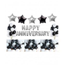 GNGS Solid Happy Anniversary Foil Letters Balloons (Silver) + 3 Silver Stars Foil Balloon + 2 Black Stars Foil Balloon + 50 Black & White Party Balloons
