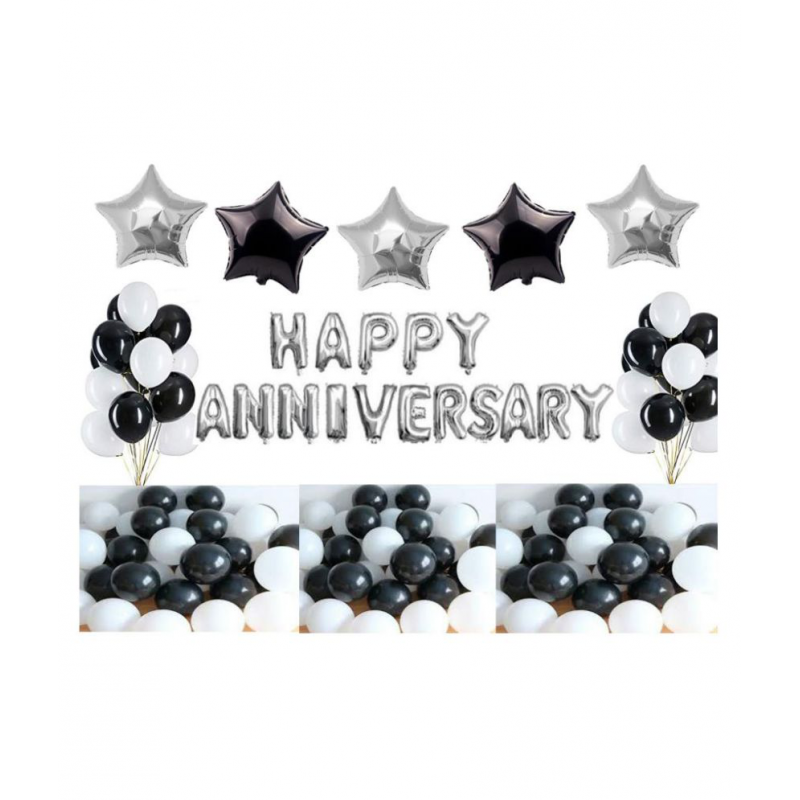 GNGS Solid Happy Anniversary Foil Letters Balloons (Silver) + 3 Silver Stars Foil Balloon + 2 Black Stars Foil Balloon + 50 Black & White Party Balloons
