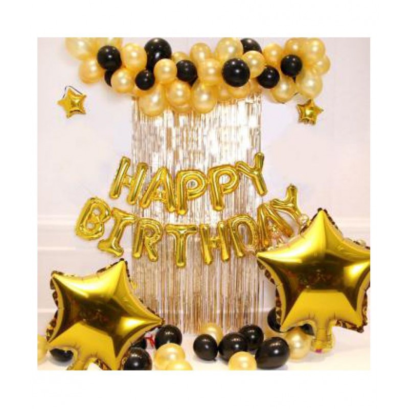 GNGS Solid Happy Birthday Golden 13 Foil Letters + 2 Golden Stars + 50 Party Decorations Balloons (Golden, Black)