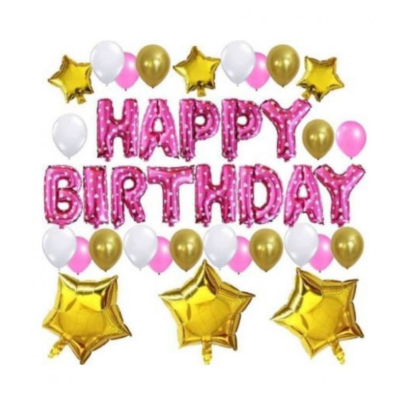 GNGS Solid Happy Birthday Letter Foil Banner (Pink) + 3 Golden Stars + 50 Party Decoration Balloons (Golden, White & Pink)