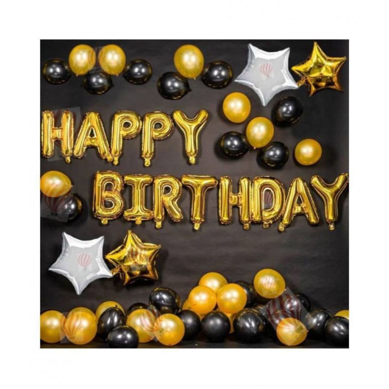 GNGS Solid Pack of 13 Happy Birthday Letter Foil Balloons (Gold) + Pack of 30 Metallic Balloons (Gold & Black)