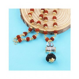 GOLDEN CAP RUDRAKSHA MALA WITH SILVER DAMRU & TRIDENT LOCKET