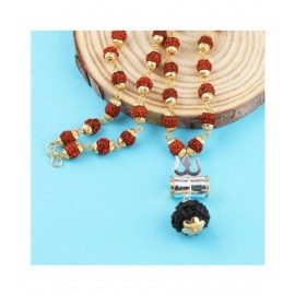 GOLDEN CAP RUDRAKSHA MALA WITH SILVER DAMRU & TRIDENT LOCKET